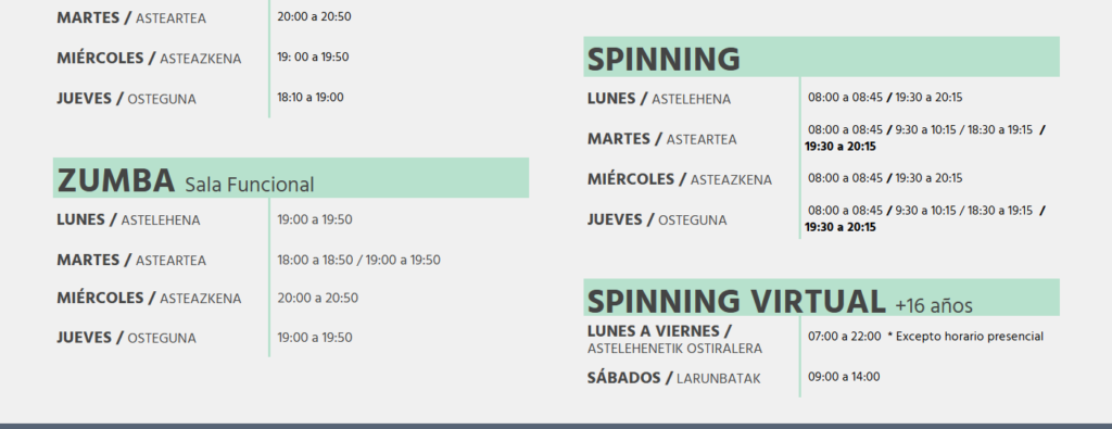 Horarios de actividades